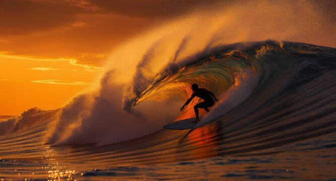 Silhouette of surfer riding a large wave at sunset, ocean, water sports, extreme sports photography