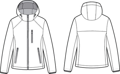 Men’s hooded jacket front and back view, cad drawing, flat vector sketch, fashion design template, outerwear mockup, technical clothing illustration