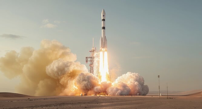 Space Rocket Launch, Powerful Blast Off, Fiery Ascent, Desert Landscape, Aerospace Technology, Science Fiction, Space Exploration, Cosmic Journey, High Resolution Image