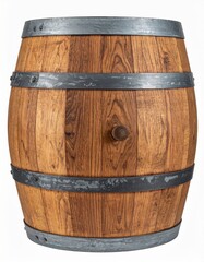 Obraz premium Classic Wooden Barrel with Metal Hoops and Rustic Finish on White Background