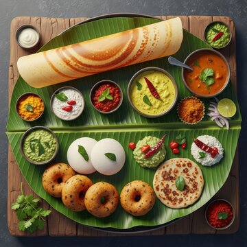 A vibrant south indian thali featuring dosa idli vada and an array of colorful chutneys and sambar