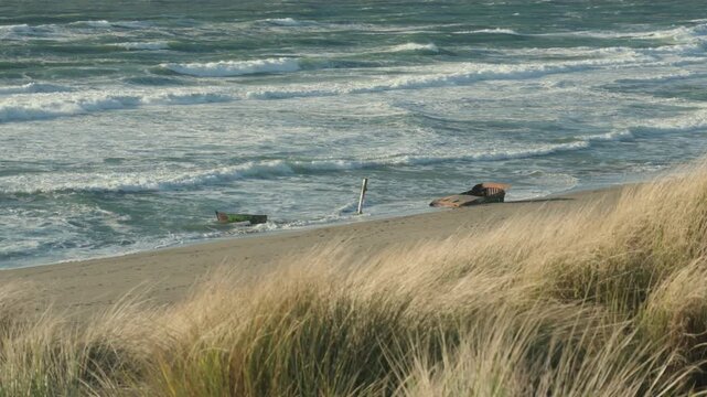 Sandy beach with rough waves and scattered driftwood under a cloudy coastal sky