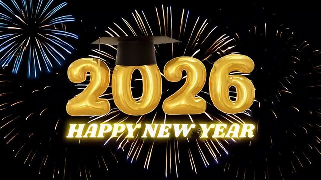 2026 Happy New Year Gold Balloons Graduation Cap Fireworks Celebration