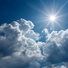 A bright, radiant sun shines brilliantly in a vast, clear blue sky, casting its warm rays upon fluffy, white cumulus clouds, evoking a sense of peace and optimism on a beautiful day
