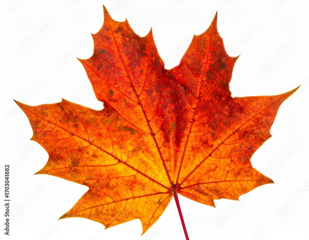 Poster vibrant maple leaf displaying autumn colors in a detailed macro shot on white backdrop