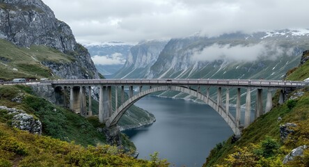 Fototapeta premium Stunning Arch Bridge Over Mountain Lake and Fjord, Dramatic Landscape Photography