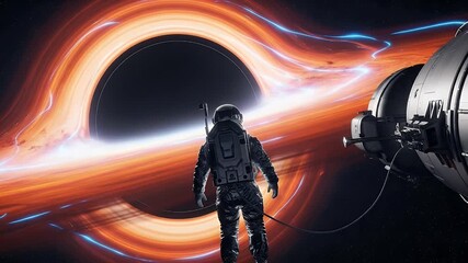 Astronaut and spaceship near a glowing black hole in deep space, cosmic wonder and scientific exploration - Powered by Adobe