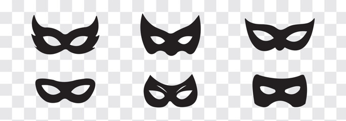 Black mask vector icon collection. Different masks silhouette isolated on white background. Set Superman, Superhero themes, cosplay graphics, comic illustrations, logo, and creative designs. powerful.