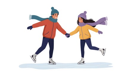 Joyful Couple Ice Skating: Winter Romance, Vibrant Illustration