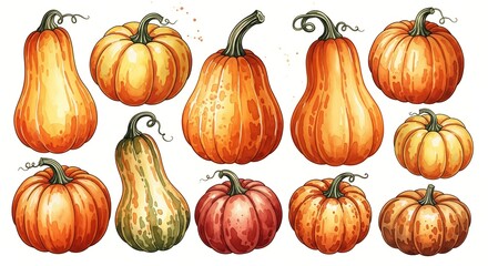 Watercolor illustration of various pumpkins and gourds in different