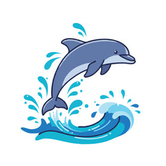 Obraz premium A joyful dolphin leaps high from the sparkling ocean waves, beautifully rendered in a vibrant 2D flat vector illustration with clean outlines and stylized splashes.