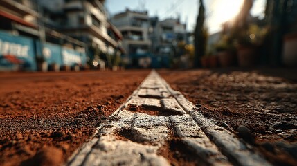 Tennis Court Perspective with Footprints on Red Clay Ground
