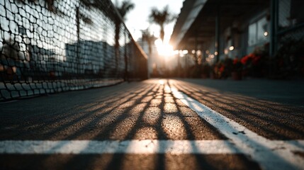 Sunset Shadows on Tennis Court Surface with Netting in Background