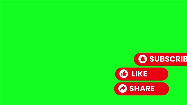 subscribe buttons animation, social media overlay, like share elements, youtube engagement icons, green screen background