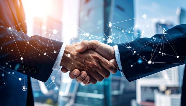 Two suited figures shake hands against a blurry cityscape. Digital lines overlay the gesture, representing connection and networking - Powered by Adobe