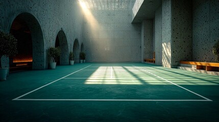 Serene Indoor Tennis Court with Natural Light and Concrete Elements