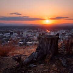 Sunset view overlooking a city with a tree stump in the foreground, creating a tranquil and picturesque landscape at dusk