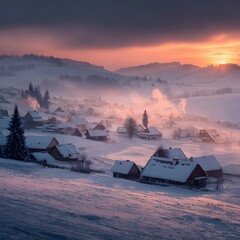 Winter village scene at sunset with snow-covered rooftops, hills, and a serene atmosphere, capturing the essence of the season