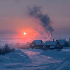 Winter sunrise over a snow-covered village, with smoke rising from chimneys and a road leading towards the radiant sun and clear sky