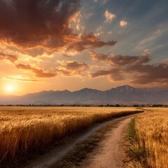 A golden sunset bathes a dirt road winding through a wheat field, with mountains in the background, creating a serene landscape