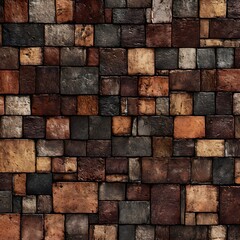 Rustic brick wall texture, a repeating pattern of various brown and tan rectangular bricks, perfect for backgrounds, designs, and artistic projects
