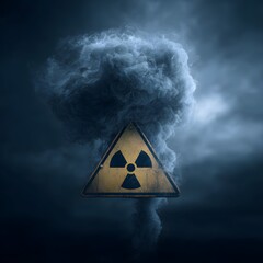 Radioactive hazard warning sign with cloud of smoke, depicting environmental danger, representing nuclear threat and power, illustrating concept of pollution