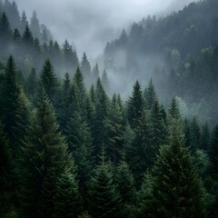 Overcast forest landscape showcasing a dense array of evergreen trees shrouded in mist, creating a mystical and serene atmosphere in nature