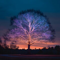 Illuminated tree against a twilight sky, showcasing vibrant colors and creating a captivating visual spectacle, ideal for evoking a magical atmosphere
