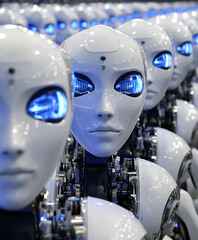 White humanoid robots with glowing blue eyes in futuristic setting, artificial intelligence and robotics technology concept with multiple android figures