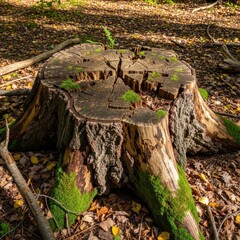 Obraz premium Sunlit mossy tree stump in woodland clearing, evoking natural decay
