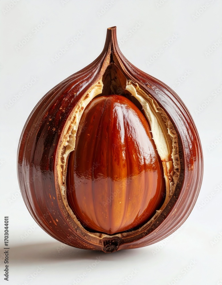 Poster close up of a glossy chestnut with a smooth brown shell and creamy internal structure on white