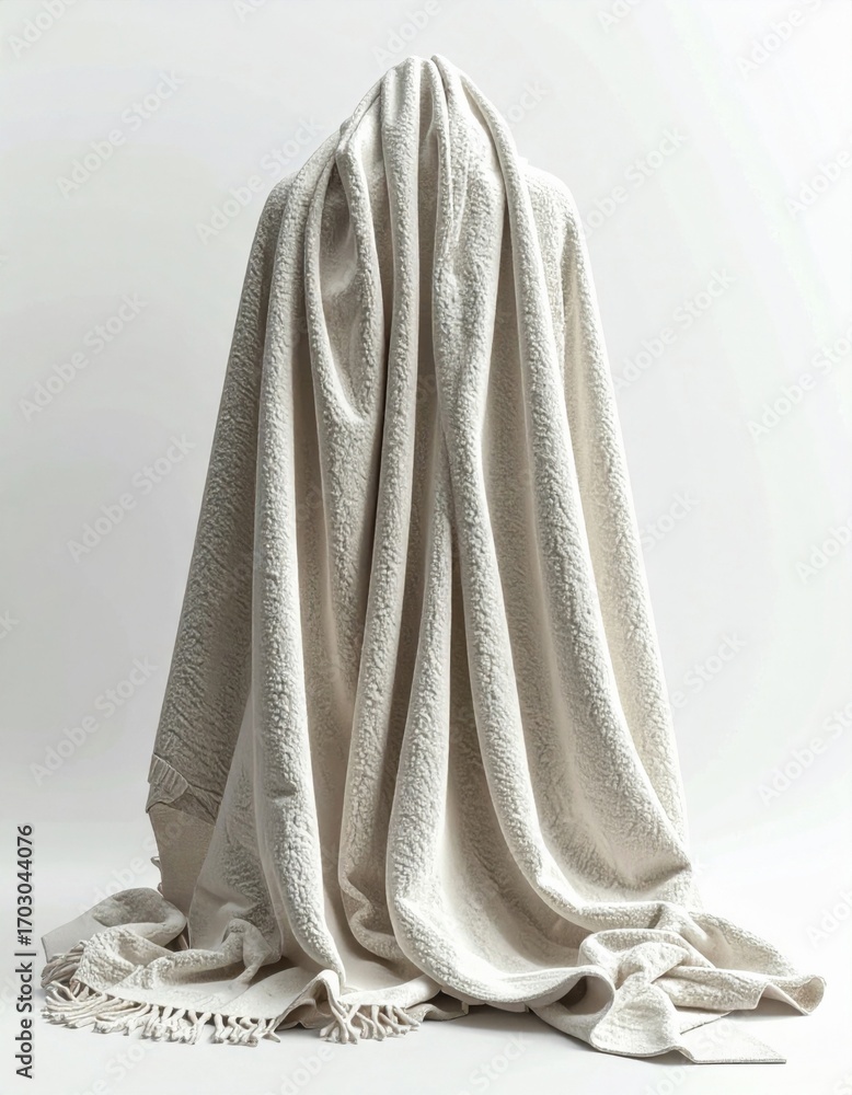 Poster textured white cloth draped over unknown form in a bright studio setting
