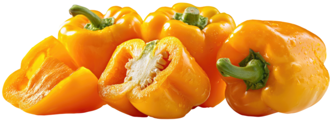 Close-up of a cluster of bright yellow bell peppers. Some are whole, others sliced open, showing the interior