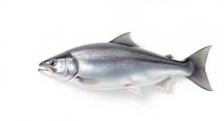 Whole Silver Fish on White Background, Studio Shot, Seafood, Aquatic Animal, Food Photography, Pacific Salmon, Fresh Fish, Raw Fish, Fish Stock Photo, Culinary Image, Healthy Eating, Protein, Die