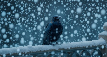 Winter Bird on Snowy Fence, Dark Bird in Snowfall, Cold Weather Photography, Avian Wildlife Image
