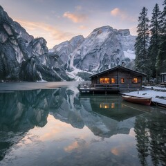 Winter Cabin on a Calm Lake with Mountain Reflection at Dusk