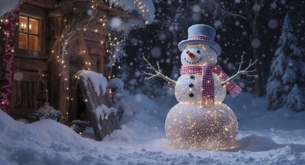 Winter Wonderland Illuminated Snowman Near Cabin with Falling Snow