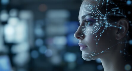 Womans face with futuristic digital overlay, technology, AI, network connection, artificial intelligence, digital art, science, innovation, future, profile view, glowing lines, dots, abstract, mo