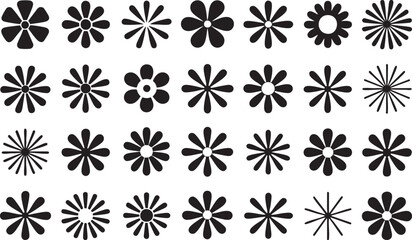 Collection of Black Silhouette Flower Icons with Various Petal Designs Keywords: flower, icon, silhouette, black, white background, simple, design
