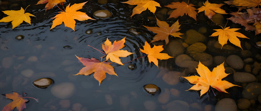 Autumn maple leaves floating on water with ripples and stone reflections.
