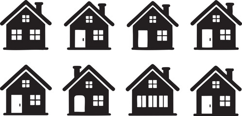Collection of eight black and white simple house icons with varying door and window designs home building
