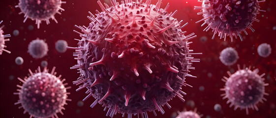 Microscopic view of Virus particles glowing in pink abstract background, scientific medical, pandemic and infection research concept.