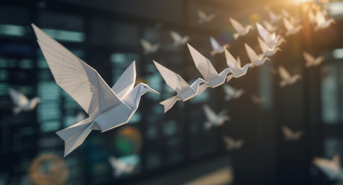 A flock of origami birds in flight, symbolizing peace, hope, and freedom. Perfect for concepts of unity, teamwork, and aspiration.
