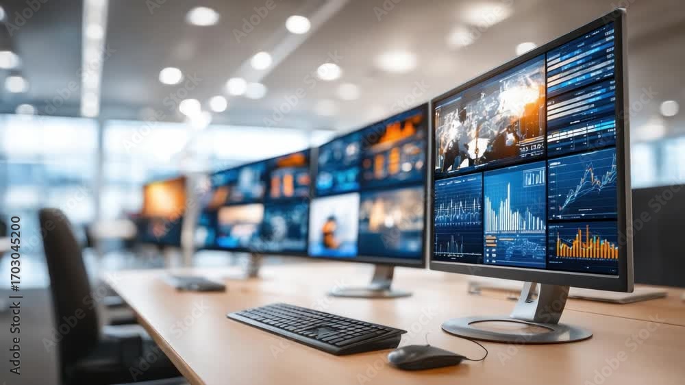 Poster modern office with multiple computer screens: a sleek, modern office setup features a row of multipl