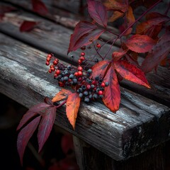 Autumn Leaves and Berries on Rustic Wood Bench Red Orange Maroon