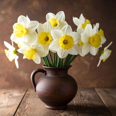 A bouquet of daffodils in a rustic vase