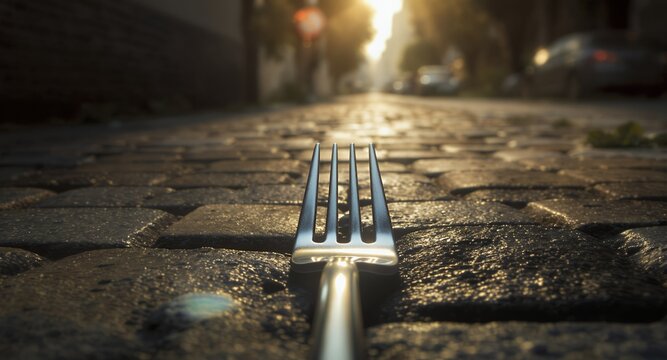 A metallic fork rests on a cobblestone street at sunset, creating a striking contrast and visual metaphor.