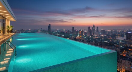Fototapeta premium Serene Rooftop Infinity Pool Overlooking City Skyline at Dusk with Twilight Colors