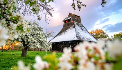 Wooden church in spring blossom