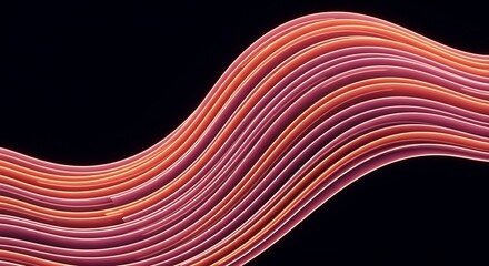 Wavy, flowing lines in warm hues of orange and pink against a deep black background
